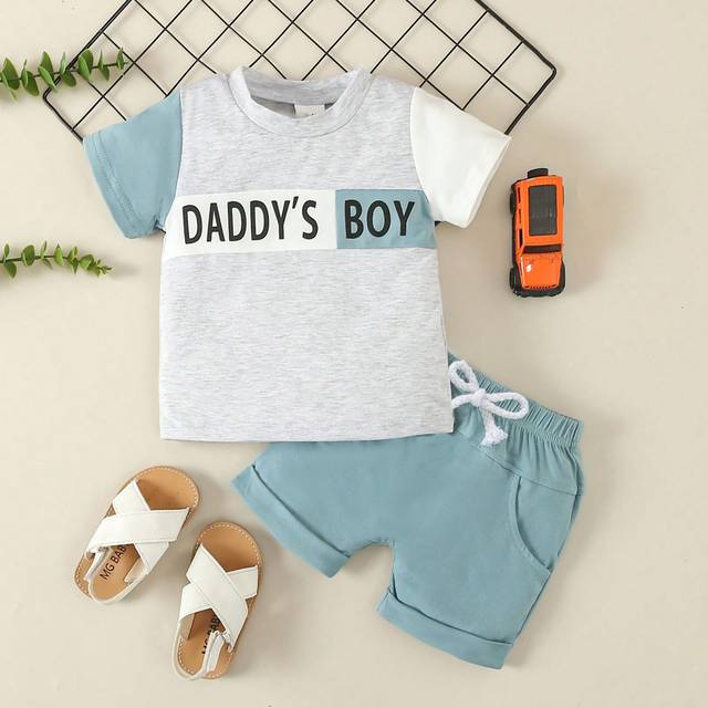 SHEIN 2pcs Baby Boys Soft Breathable Colorblock Letter Print T-Shirt And Front Tie Sports Shorts Set For Casual, Daily Wear And Vacation