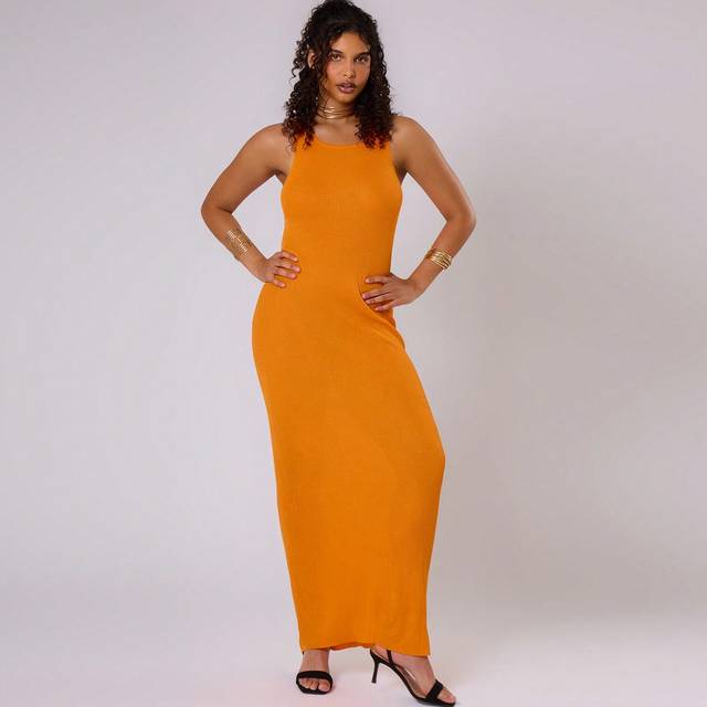 MUSERA Plus Size Orange Ribbed Knit Maxi Dress Outfit For Holiday,Summer, Spring Break, Vacation, Easter Ibiza, Holiday