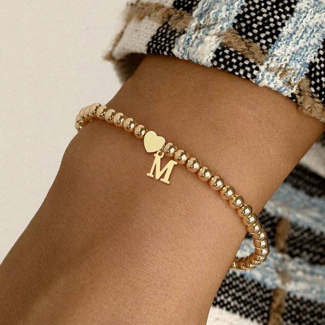 SHEIN New Luxury Heart And Initial Pendant 4mm Beaded Bracelet For Women Valentines