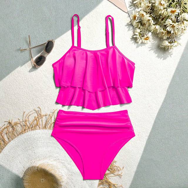 SHEIN Summer Beach Solid Color Ruffle Trim Spaghetti Strap Top With Shirred Triangle Bottom Bikini Set