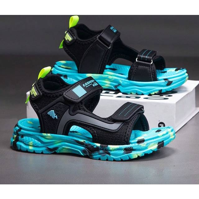 SHEIN Kids Open Toe Sandals, Summer Breathable Beach Shoes With Hook And Loop Straps, Lightweight Sports Sandals Suitable For Beach And Casual Wear
