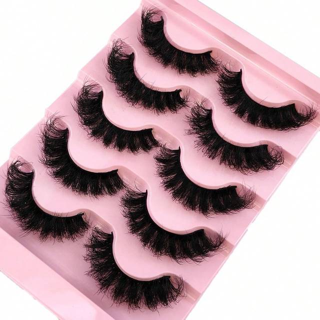 SHEIN 5Pairs/Pack Natural Thick Fluffy Volume False Eyelashes Dramatic Messy Mink Lashes Wispy Long 8D Volume Lasting Wispy False Eyelash Strips Foxy Eye Li