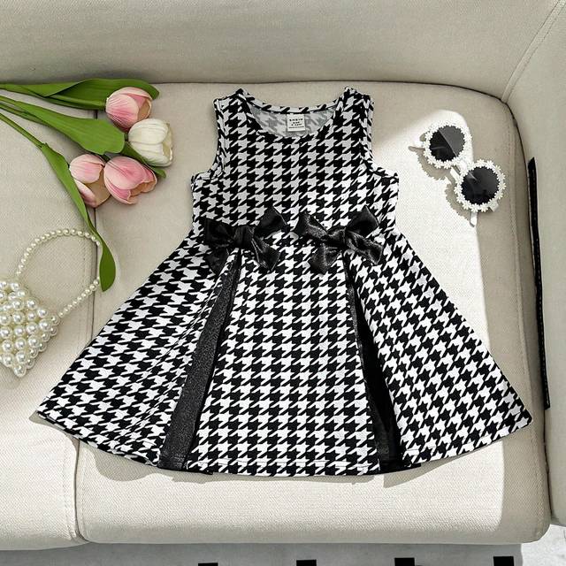 SHEIN Baby Girl Summer Knit Sleeveless A-Line Dress, Adorable Plaid Color Block Design With Bowknot