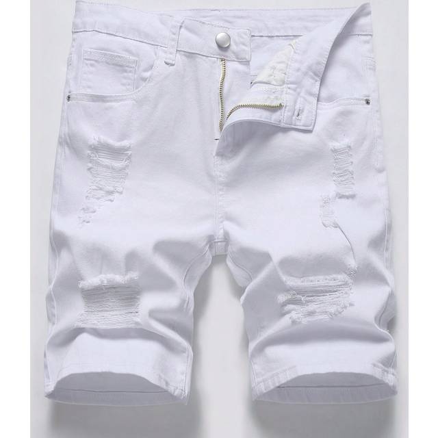 Manfinity Men Cotton Ripped Denim Shorts Jorts Plain All White Vacation Vintage Friends
