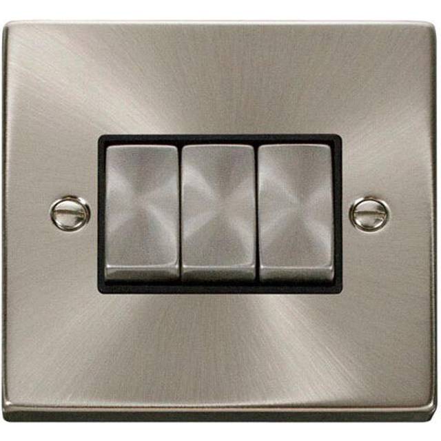 Click Deco 3 Gang 2 Way Ingot 10AX Switch Satin Chrome Black Inserts
