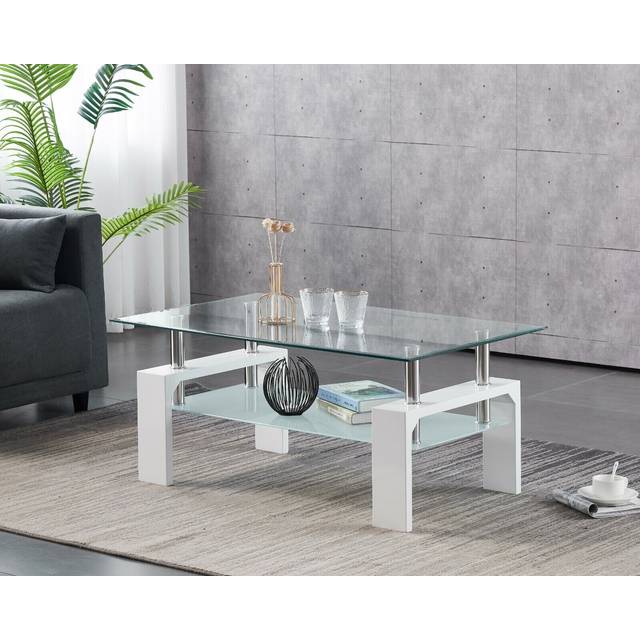 Furnizone Uk - Cosmo Clear Glass Top and Frosted Shelf with White High Gloss Coffee Table