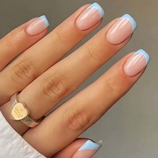 SHEIN 24pcs Square Faux Nails Set, Including Light Blue French Style Square Nails, Pink Square Nails, Blue French Nails, Nail File And Jelly Glue Press On N