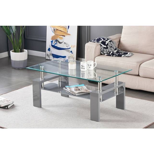 Furnizone Uk - Cosmo Clear Glass Top and Grey Shelf with Grey High Gloss Coffee Table