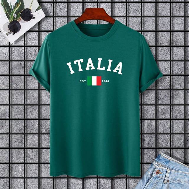 Manfinity Men&#39;s Round Neck Letter And Flag Printed Short Sleeve T-Shirt, Summer