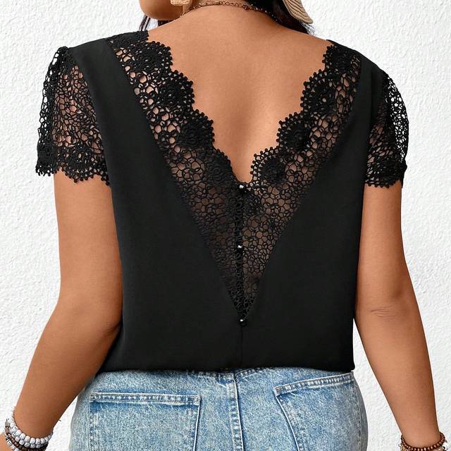 SHEIN Plus Size Women&#39;s Boho Solid Color Lace Patchwork V-Neck Blouse, Black Solid Color Lace Top, Contrast Lace Back, Backless Blouse, Fall, Wedding Season