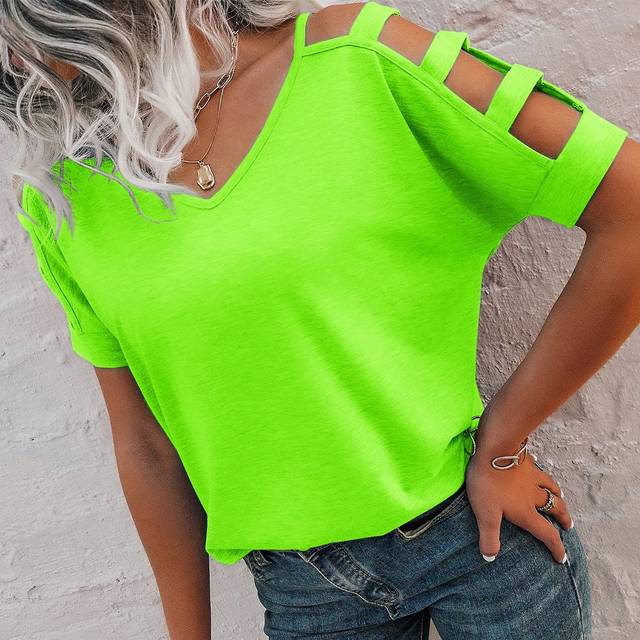 SHEIN Fluorescent Green V-Neck Hollow Out Batwing Sleeve T-Shirt For Summer