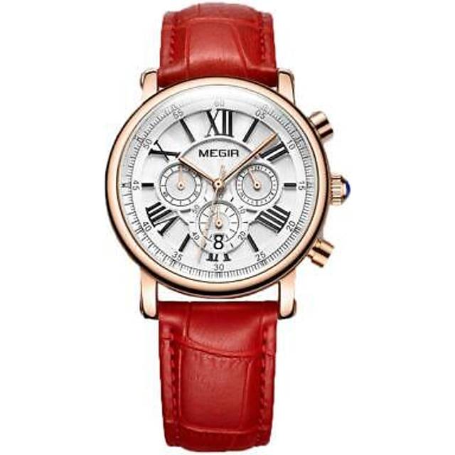 Megir ladies round quartz analogue watch red rose gold smart watches leather