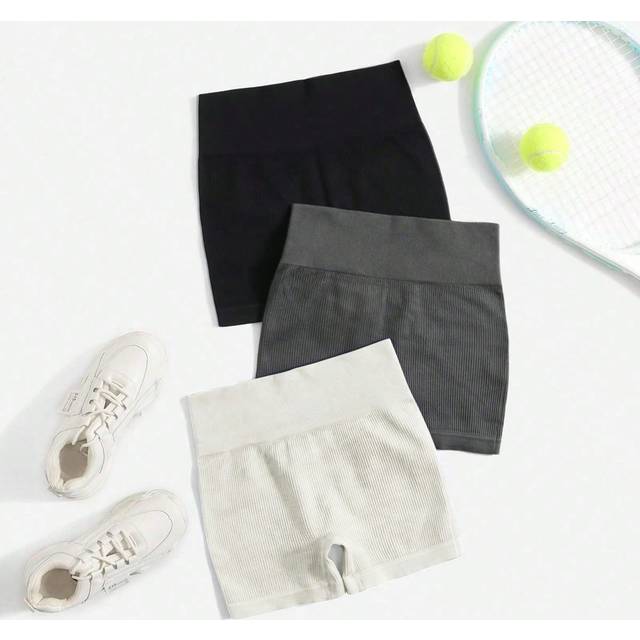 SHEIN 3PCS Solid Color Knit Wide Waistband Slim Fit Sports Shorts With Ribbed DesignWomen Sweat Short, Gym Short, Biker Short