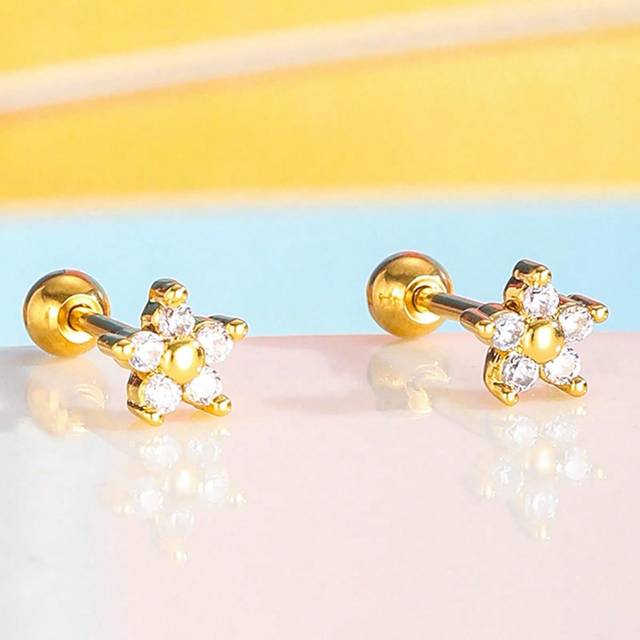 SHEIN 1pair Cute Sweet Five-Leaf Flower Stud Earrings Girls Delicate Stylish Cubic Zirconia Decor Earrings For Kids Birthday Gift For Daily Decoration