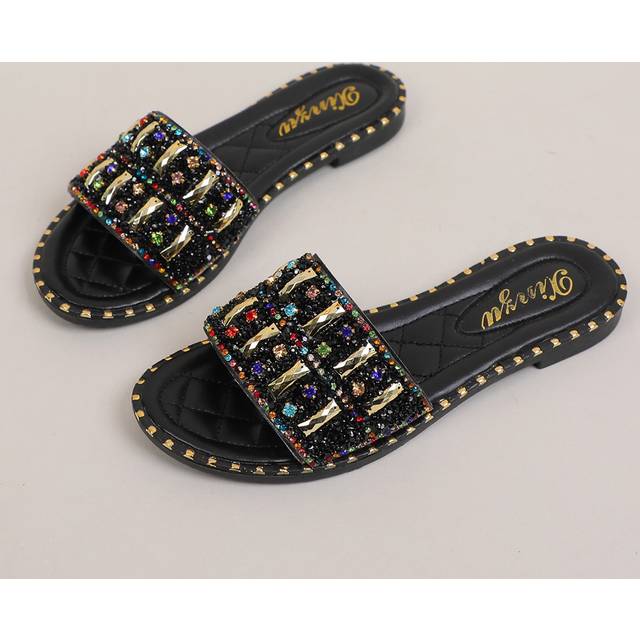 SHEIN Women&#39;s Fashion Slip-On Sandals, 2025 Newest Styles, European-American French Korean Casual Versatile Flat Pearl Rhinestone Embellished Beach Vacation