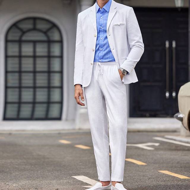 Manfinity 2pcs Men&#39;s Woven Leisure Business Suit, Suitable For Spring And Autumn, Office Outfits, White Linen Suit And Pant