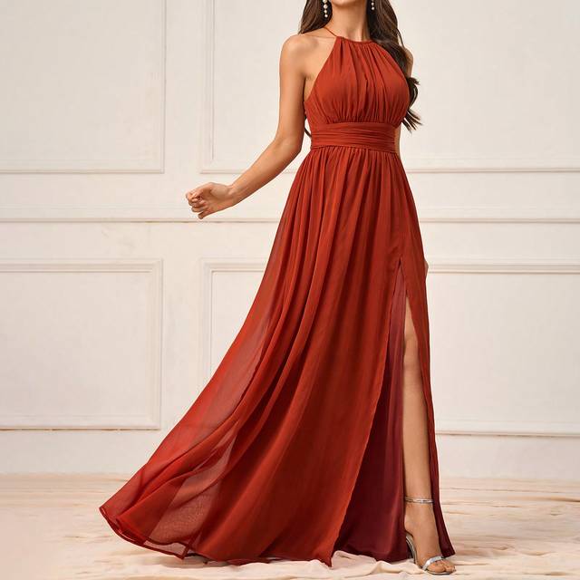 SHEIN Romantic & Elegant Crimson Chiffon Ruched Neck Halter Dress With High Thigh Slit And Water Drop Shaped Straps At The Back, Bridesmaid Dress (Adult)