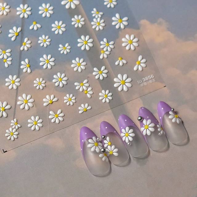 SHEIN 1 Sheet Nail Art Flower Daisy Embossed Stickers Jelly Nail Sliders Decals Daisy White Florals Petals Flowers Back Glue Nail Sticker Decoration DIY