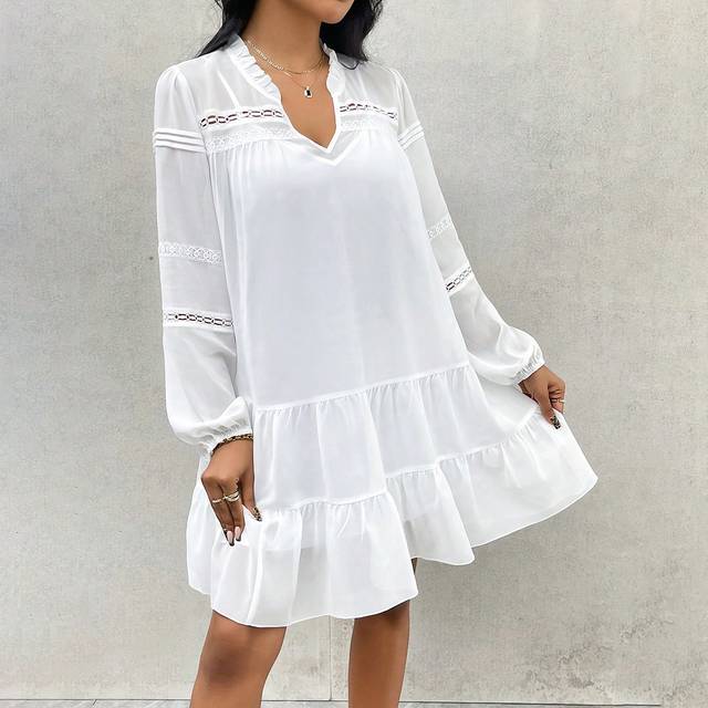 SHEIN Summer Women Vacation Elegant Music Festival Wedding Chiffon Lace V-Neck Short Dress
