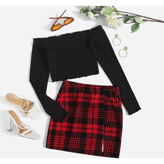 SHEIN Ribbed Knit Lettuce Trim Off Shoulder Crop Top & Plaid Print Split Hem Skirt