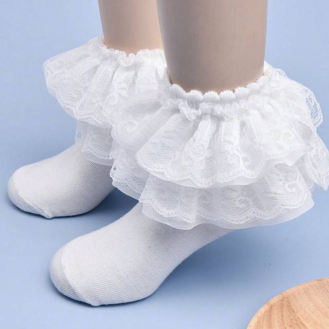 SHEIN 1pair Thin Lace Princess Socks For Girls, Summer, White