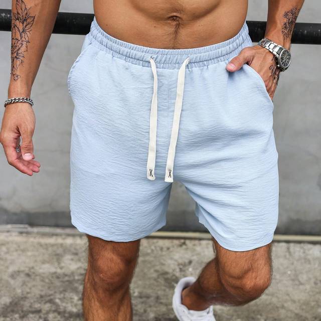 SHEIN Men&#39;s Solid Color Drawstring Casual Shorts With Pockets, Imitation Linen Ice Silk Fabric
