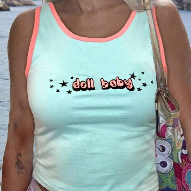 INAWLY Letter Graphic Contrast Binding Tank Top