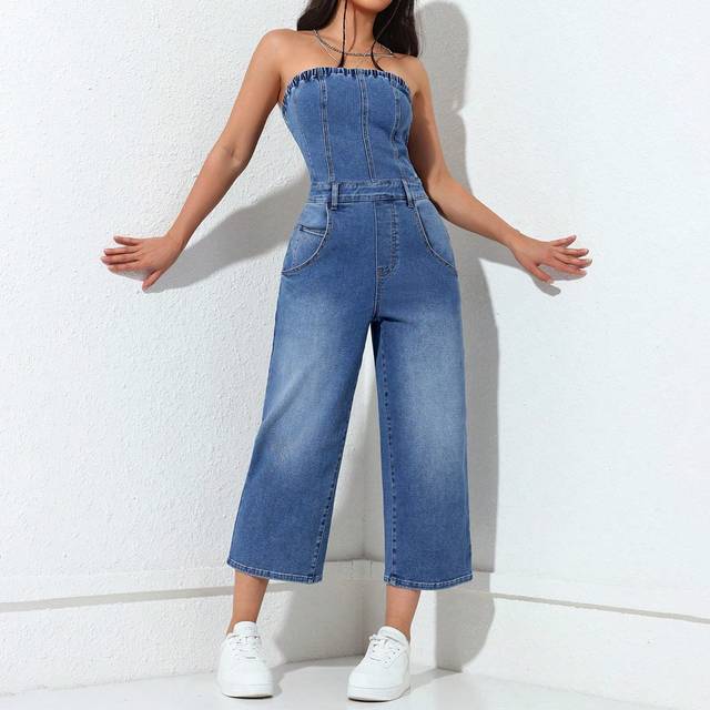 SHEIN Women&#39;s Solid Color Halter Backless Jumpsuit With Pockets, Sleeveless Denim Romper