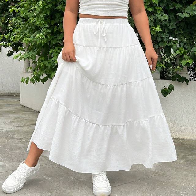 SHEIN Plus Size Loose Fit White Layered Cake Knee-Length Summer Skirt