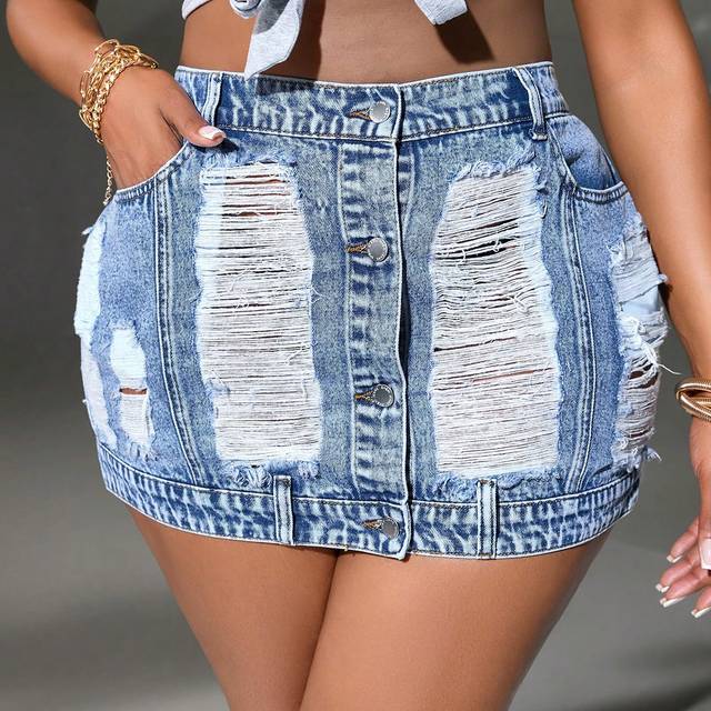 SHEIN Plus Size Women&#39;s Denim Skirt, Mini Bubble Beach Skirt, Sexy Tight Fit, Distressed Blue Jeans Skirt With Holes