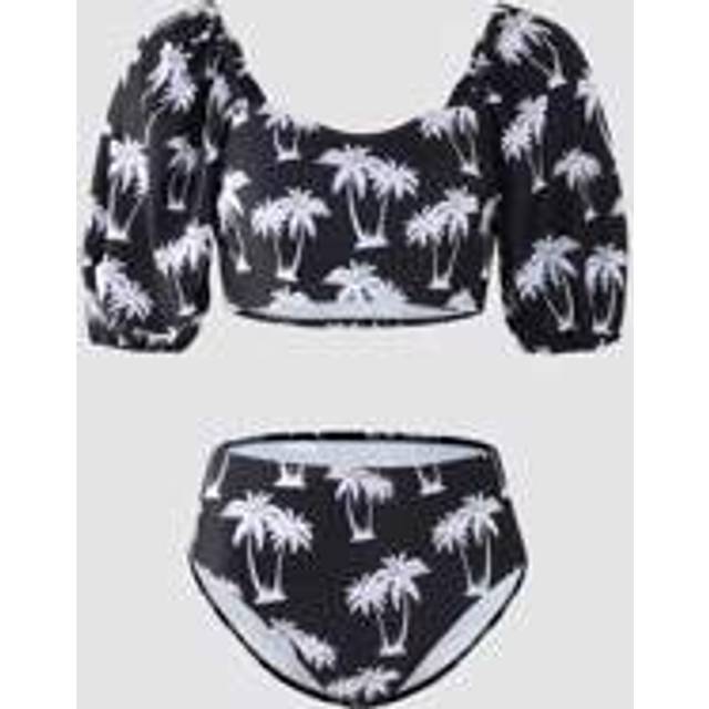 Teen Girl Coconut Tree Print Kortärmad Bikini Set för Summer Beach - Svart och Vitt (14Y,13Y,16Y,15Y)