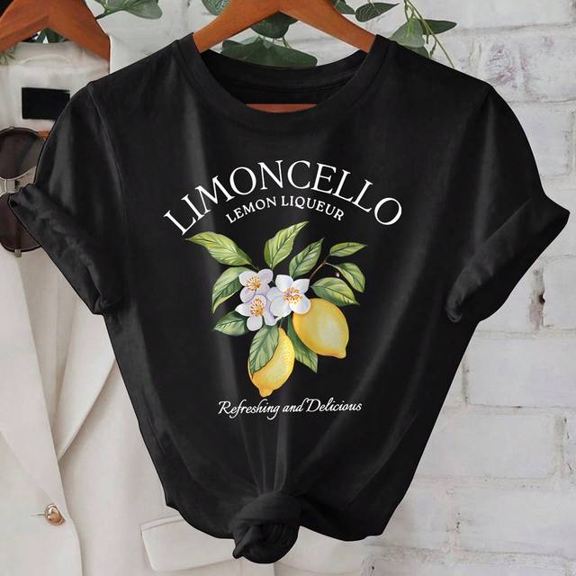 INAWLY Women&#39;s Lemon Print Round Neck Short Sleeve T-Shirt Graphic Tees Women Tops