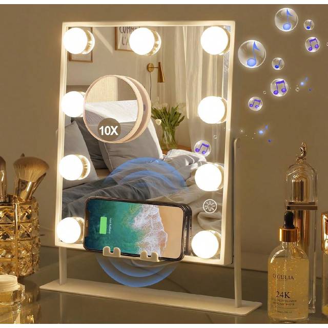 FENCHILIN FENCHILIN Makeup Mirror With 9 Lights Dimmer Holly Wood Mirror Wireless Charging Function Bluetooth Speaker Makeup Mirror Makeup Table Mirror Bedroom
