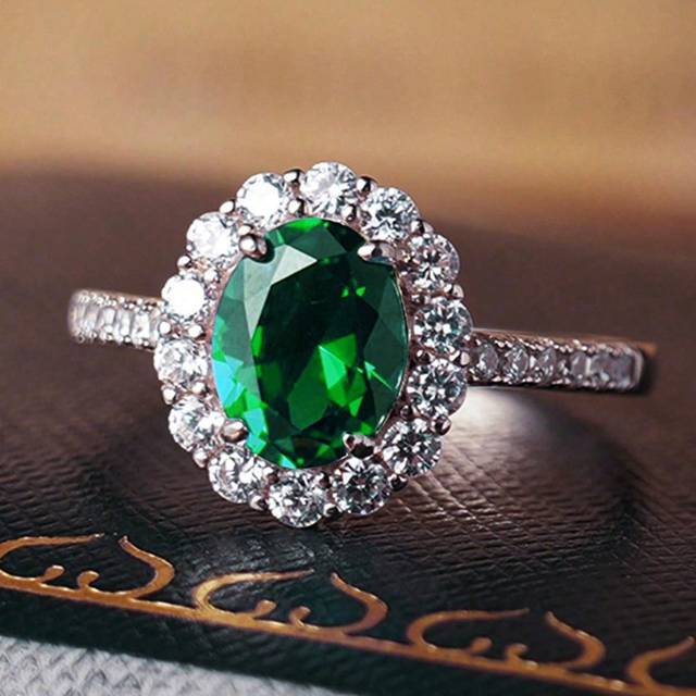 SHEIN Green Stone Ocean Heart S925 Silver Inlaid Blue Sapphire & Oval Cubic Zirconia Ring Valentines
