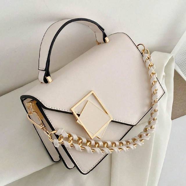 SHEIN Mini Woven Chain Decor Flap Black Lock Handbag Women Portable Shoulder Crossbody Bag For Work, Shopping, Travel