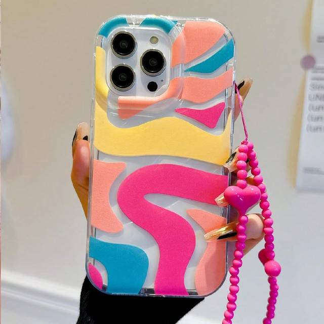 SHEIN 2000s Fashion Colorful Graffiti Oil Painting, Wavy Pattern, Shockproof Phone Case With Heart Lanyard, Compatible With Apple IPhone 14 Pro Max, New Mod