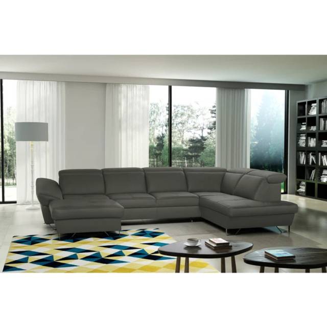 Natron Leather Corner U-form Sectional with Sleeping Function and Storage - Grey (99cm H X 346cm W X 221cm D)