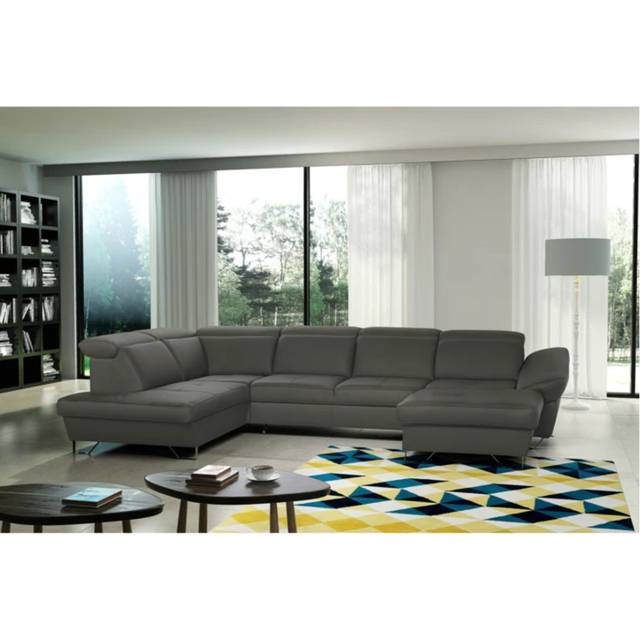 Natron Leather Corner U-form Sectional with Sleeping Function and Storage - Grey (99cm H X 346cm W X 221cm D)