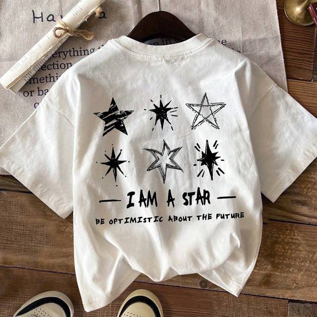 SHEIN Casual Simple Cartoon Pentagram Print Short Sleeve T-Shirt For Teen Girls, Summer