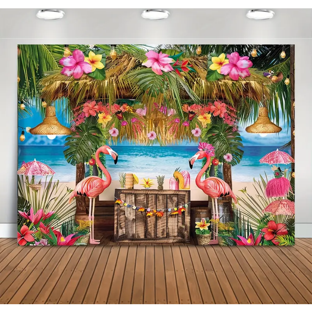 SHEIN 1pc Vibrant Hawaiian Beach Backdrop - Tropical Tiki Bar Luau Party Photo Background With Flower Palm Leaves Aloha Flamingo Banner Decor - Perfect For