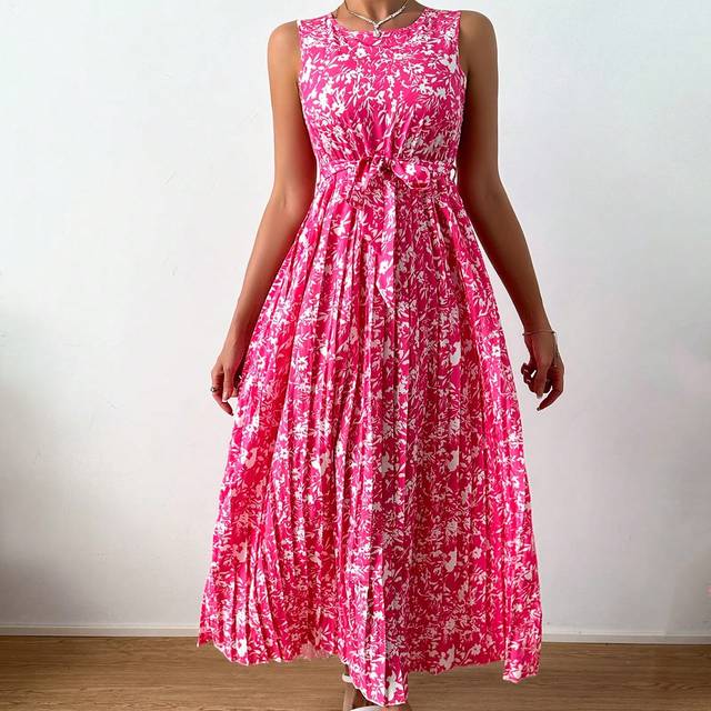 SHEIN Floral Pink Pleated Sleeveless Long Bridesmaid Dress
