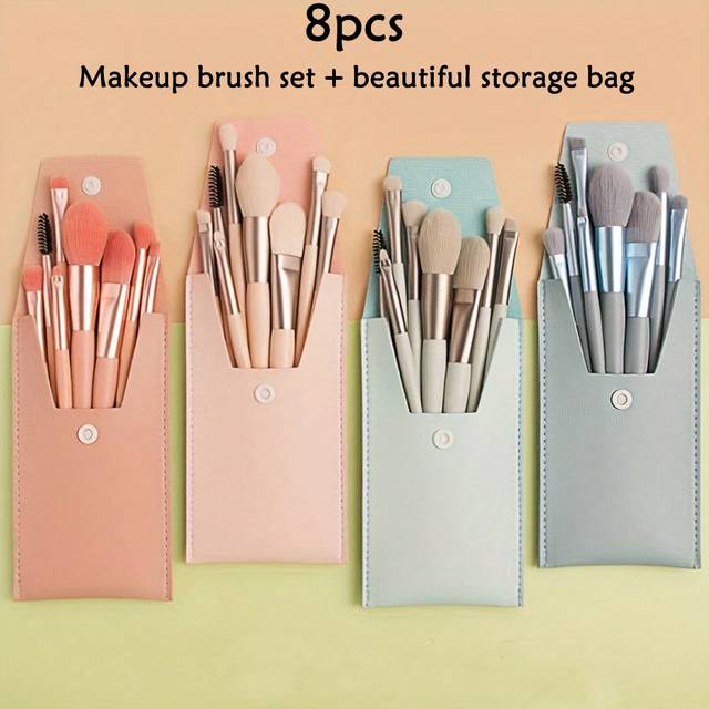 SHEIN 8pcs Makeup Brush Set, Small Premium Synthetic Foundation Blush Mixed Eyeshadow Eyebrow Eyelash Nose Lip Brush, Comes With Lovely Storage Bag