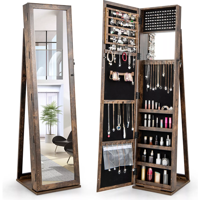 Costway Brown Mirrored Jewellery Armoire with Display Shelf - 166 x 44 x 22cm