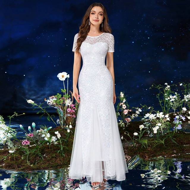 MIUSOL Contrast Lace Sequin Insert Mermaid Mesh Hem Evening Party Maxi Formal Gown White Elegant Wedding Bridal Dress,Bride