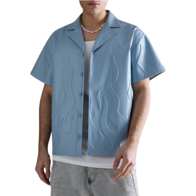Short Sleeve Drop Revere Boxy Pu Embossed Shirt - Blue - M