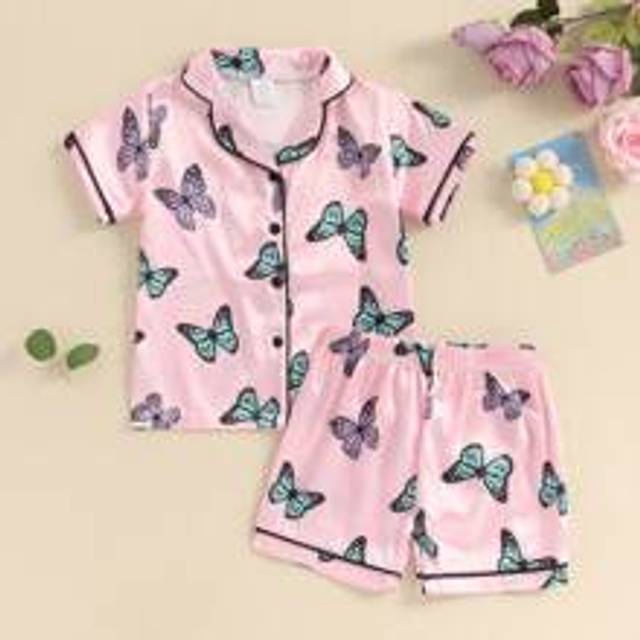 Pyjamasset för ung flicka Kortärmad pyjamasskjorta med knapp nertill Topp+Shorts Underdelar Sovkläder - Rosa (2-3Y,3-4Y,4-5Y,5-6Y,6-7Y)