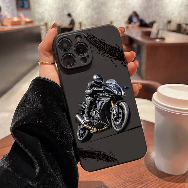 SHEIN Precision Perforated Edge Black Motorcycle Hand-Painted Anti-Drop Phone Case, Compatible With IPhone P14 Pro Max, P13, P11 Cartoon Painted, P12 Anti-D