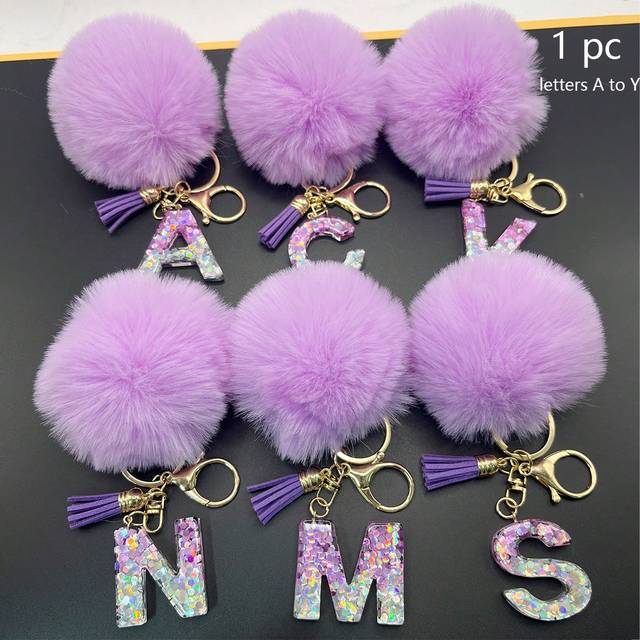 SHEIN 1 Pc Alphabet Initial Letter Keychain Cute Plush Pom Pom Key Chain Ring Bag Backpack Charm Car Hanging Pendant Women Girls Gift Wallet And Handbag Acc