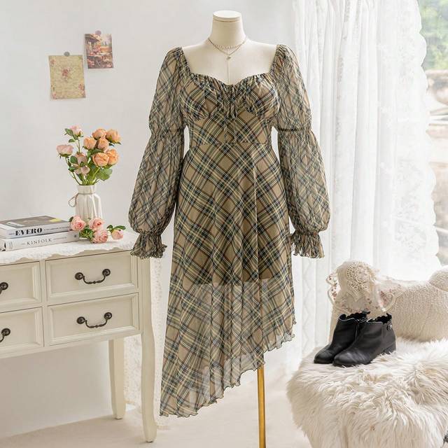 Soleia Plus Size Holiday Women&#39;s Early Autumn Gray Green Plaid Printed Breast Cup Ruched Front Tie Lotus Sleeves Asymmetrical Hem Mid-Length Dress, Fall Wome