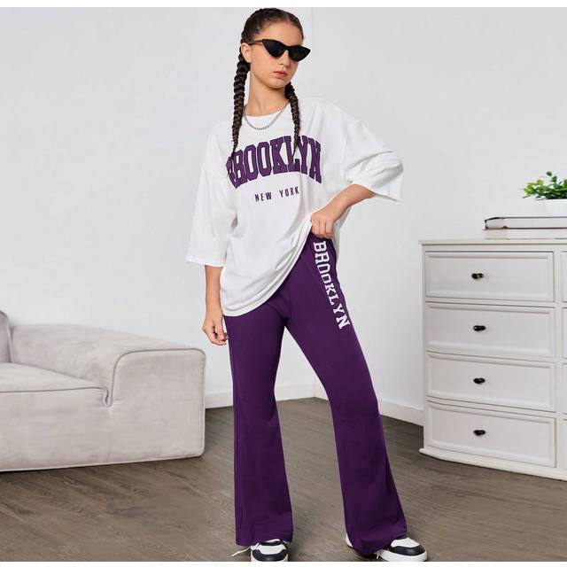 SHEIN Teen Girl 2pcs/Set Loose Letter Printed Knit Mid-Sleeve T-Shirt And Flared Pants Casual Sports Outfit Clothing,Graduation Outfit GraduationÂOutfit